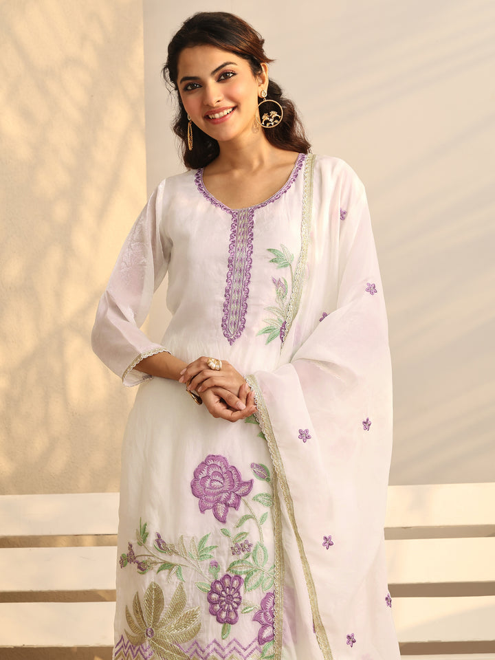 White Embroidered Organza Straight Suit Set With Dupatta