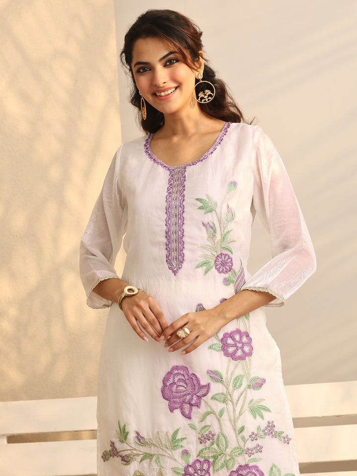 White Embroidered Organza Straight Suit Set With Dupatta