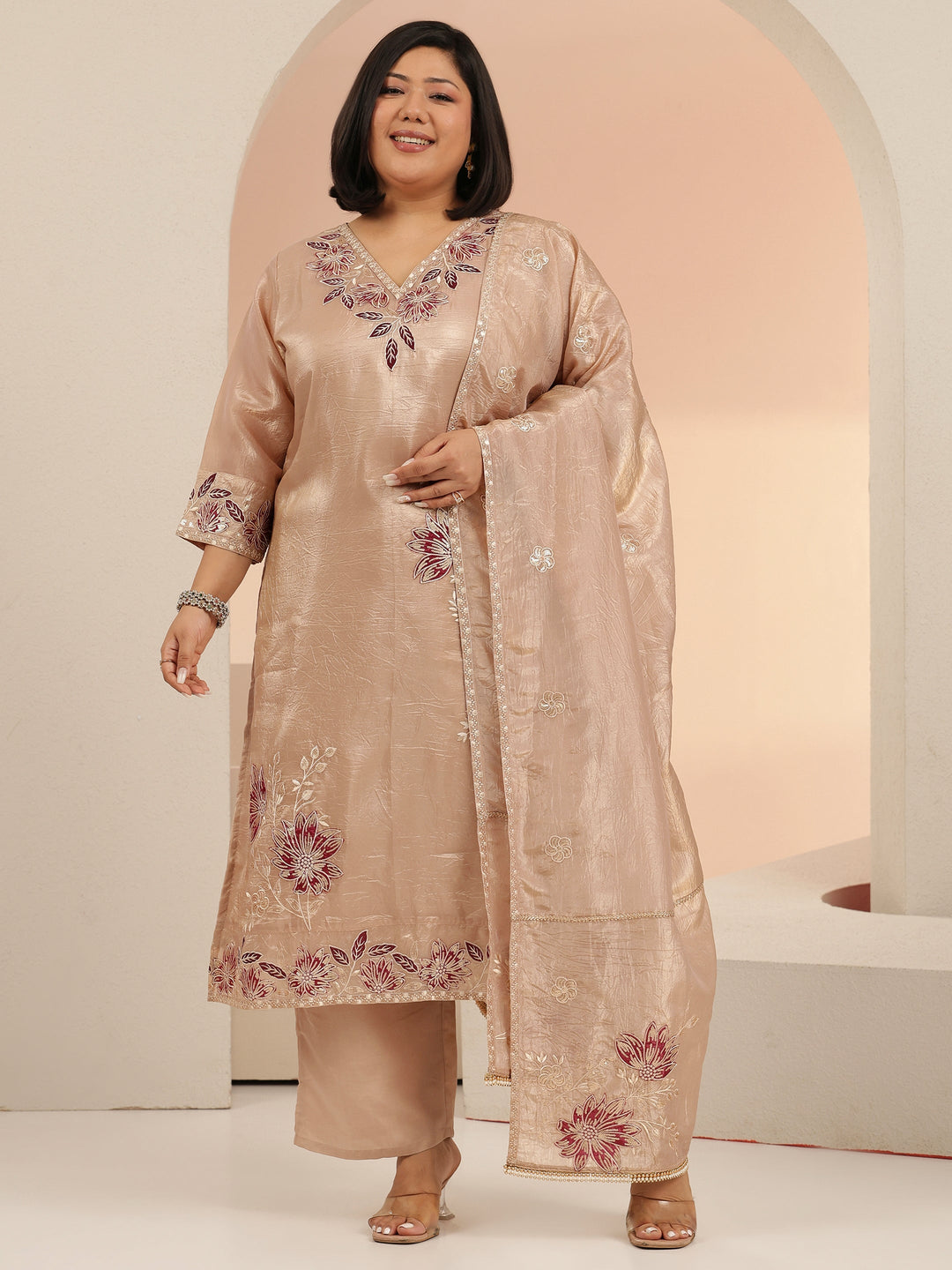 Plus Size Beige Embroidered Organza Straight Suit Set With Dupatta