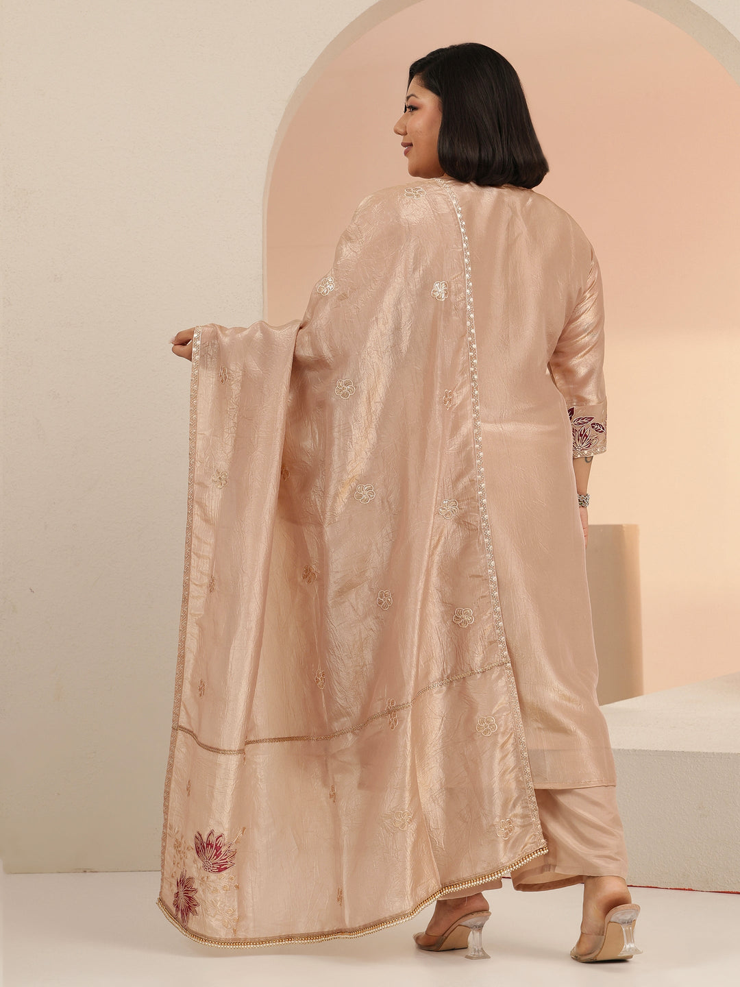 Plus Size Beige Embroidered Organza Straight Suit Set With Dupatta