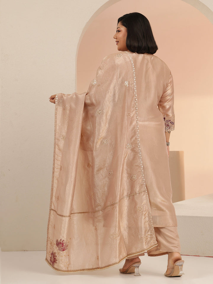 Plus Size Beige Embroidered Organza Straight Suit Set With Dupatta