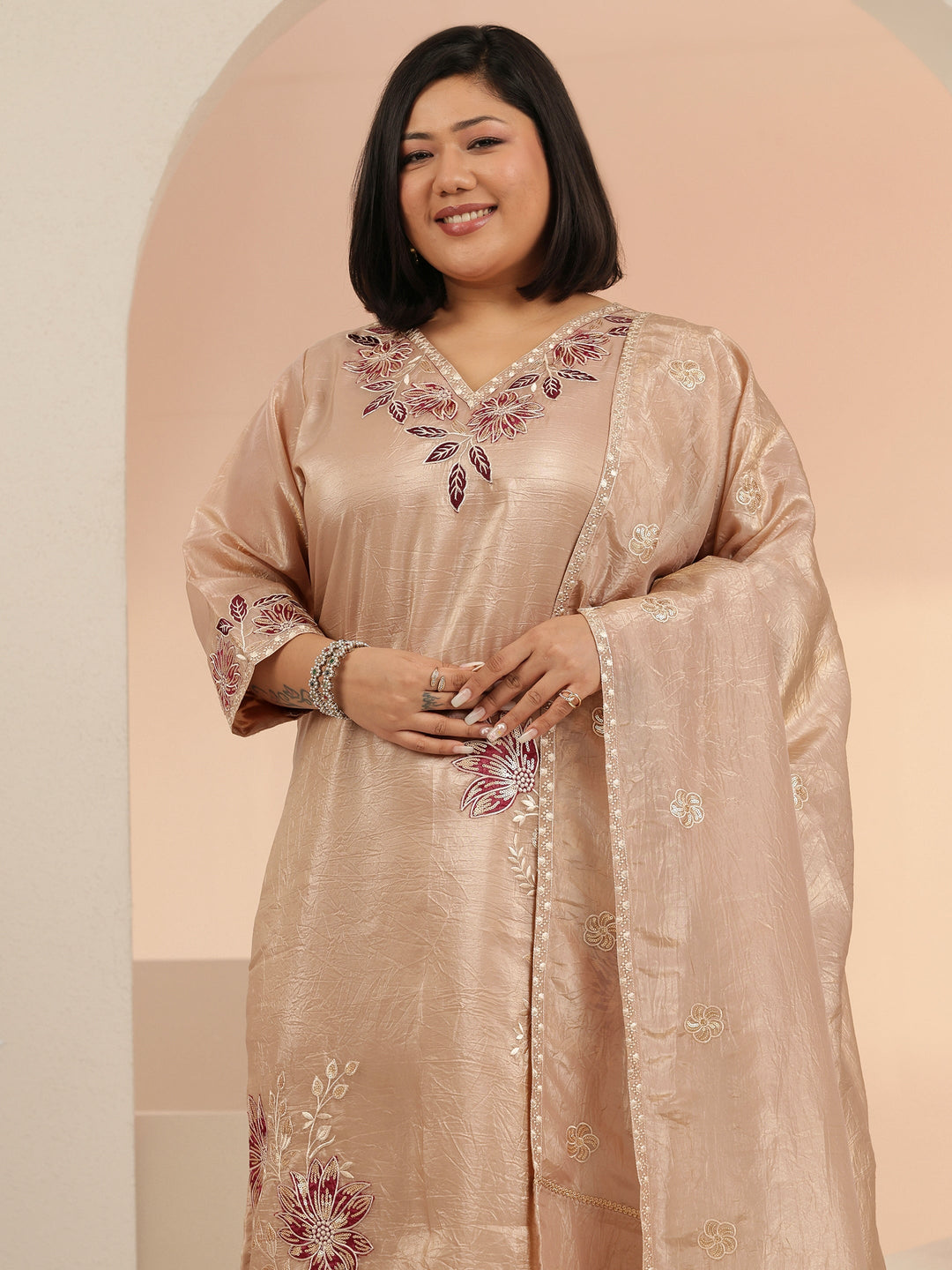 Plus Size Beige Embroidered Organza Straight Suit Set With Dupatta