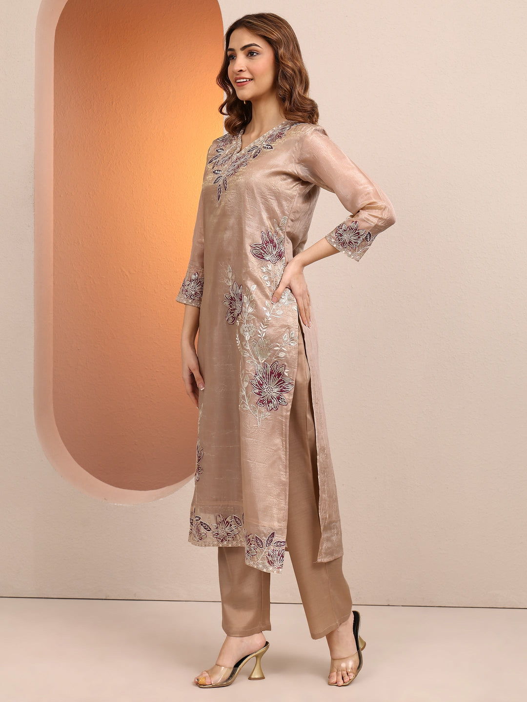 Beige Embroidered Organza Straight Suit Set With Dupatta