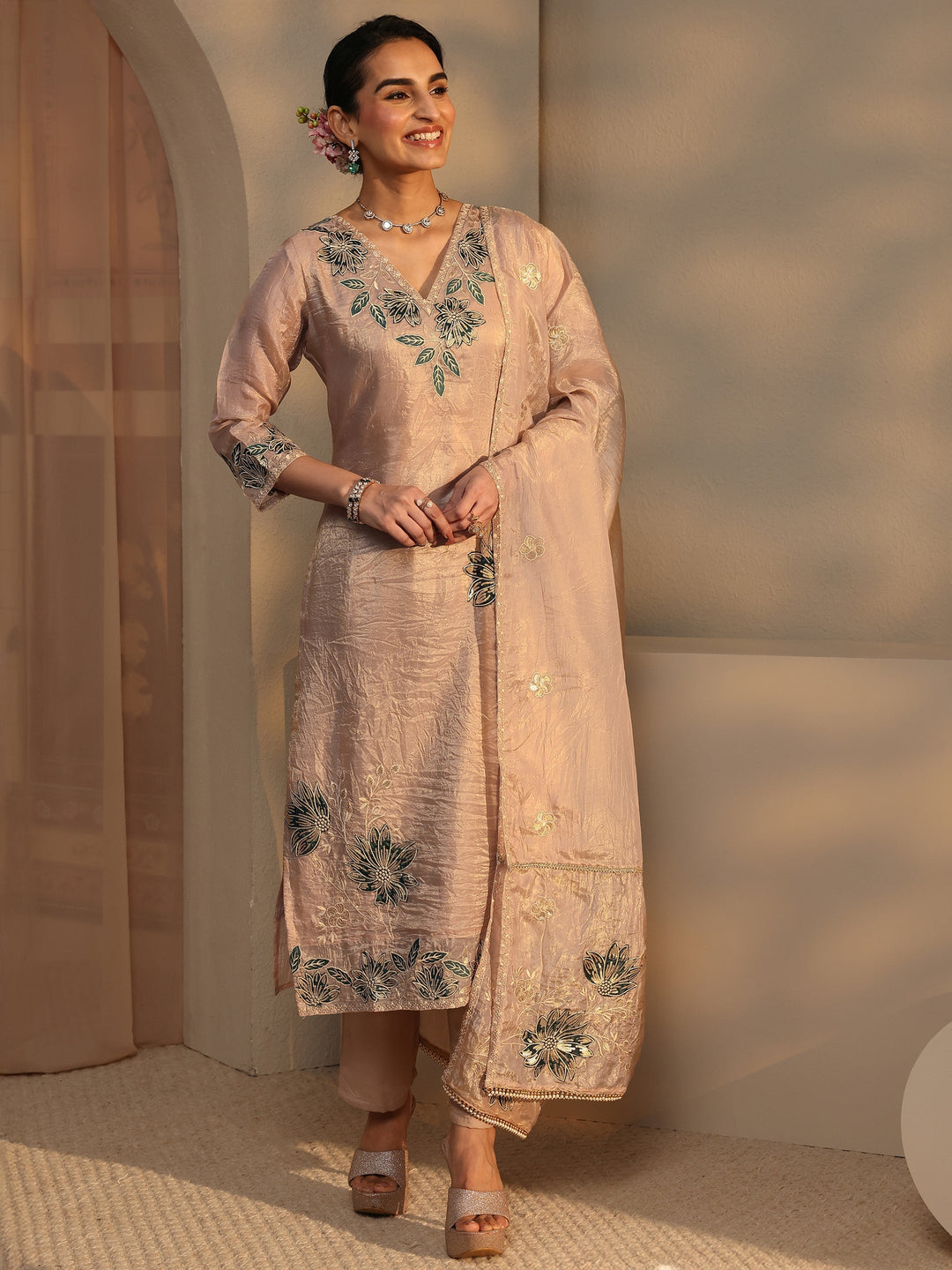 Beige Floral Embroidered Organza Straight Suit Set With Dupatta