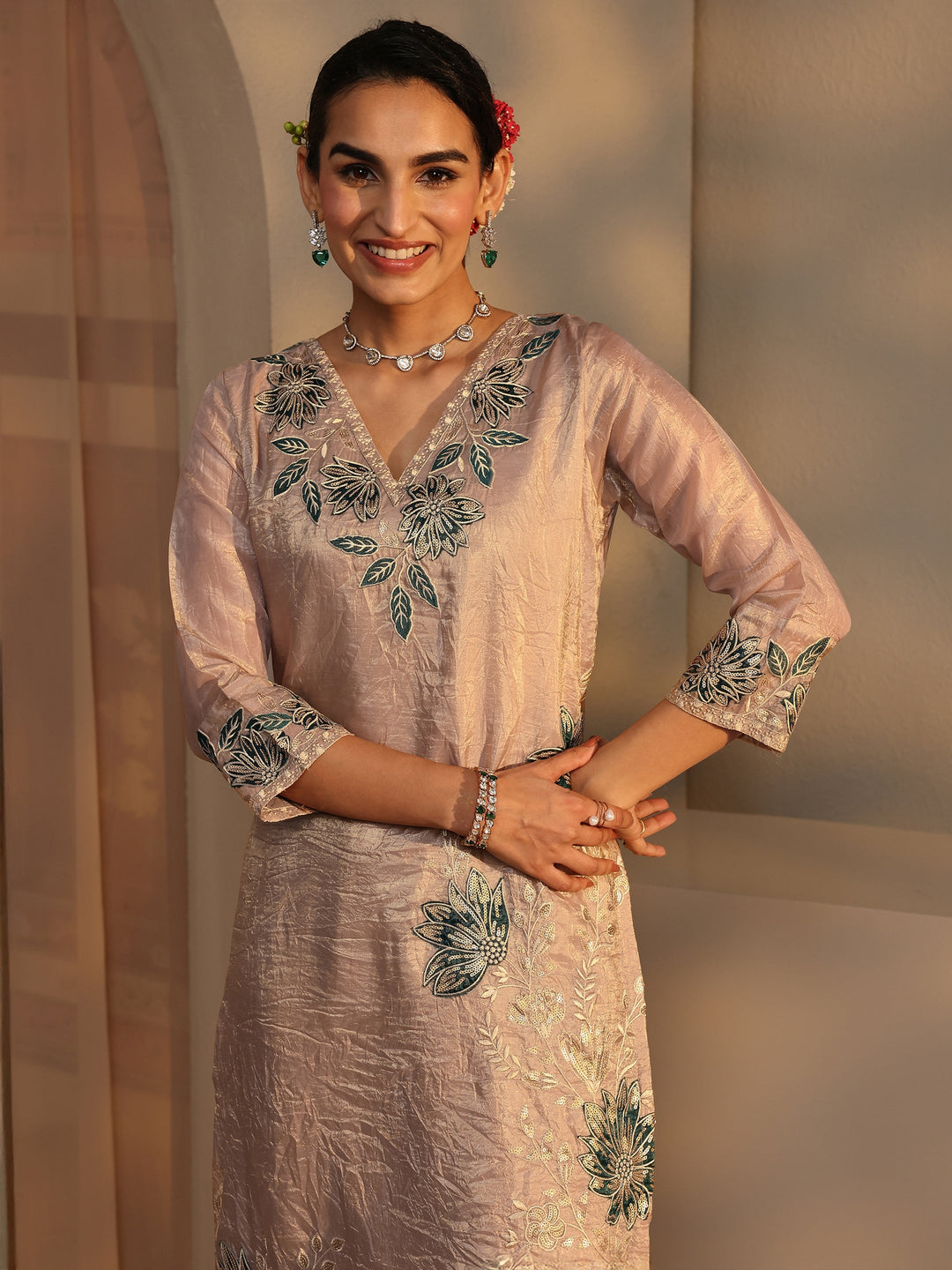 Beige Floral Embroidered Organza Straight Suit Set With Dupatta