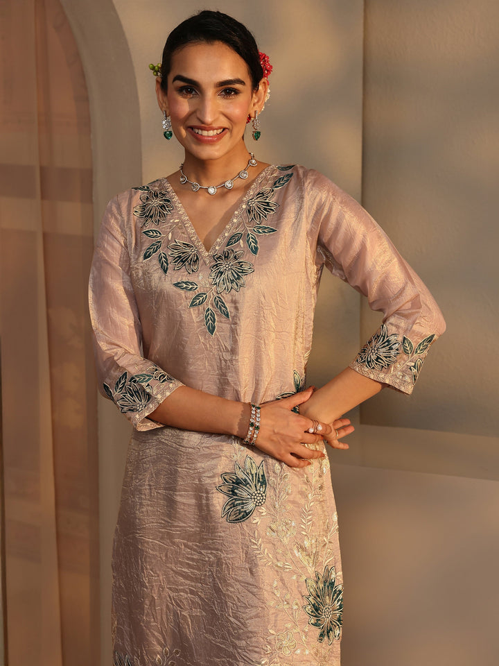 Beige Floral Embroidered Organza Straight Suit Set With Dupatta