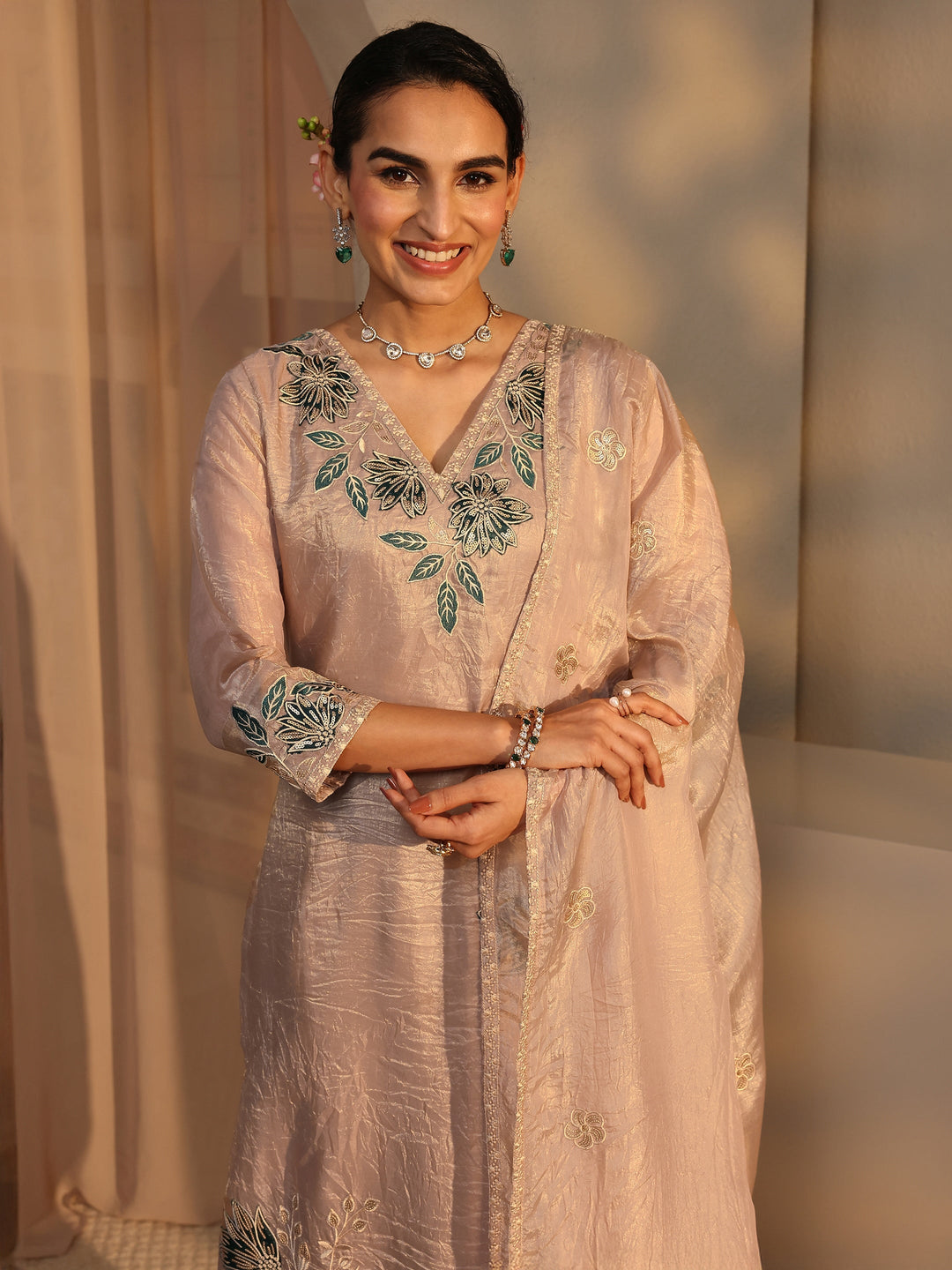 Beige Floral Embroidered Organza Straight Suit Set With Dupatta