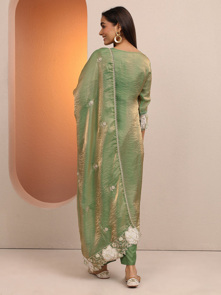 Green Embroidered Organza Straight Suit Set With Dupatta