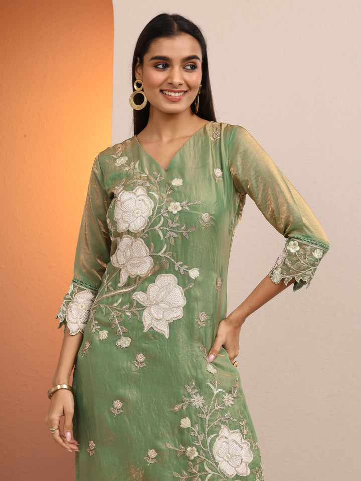 Green Embroidered Organza Straight Suit Set With Dupatta