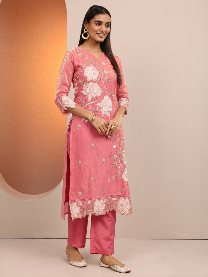 Libas Art Peach Embroidered Organza Anarkali Suit Set With Dupatta
