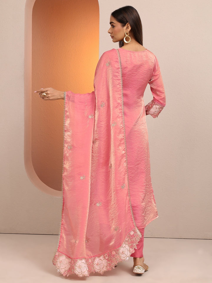 Libas Art Peach Embroidered Organza Anarkali Suit Set With Dupatta