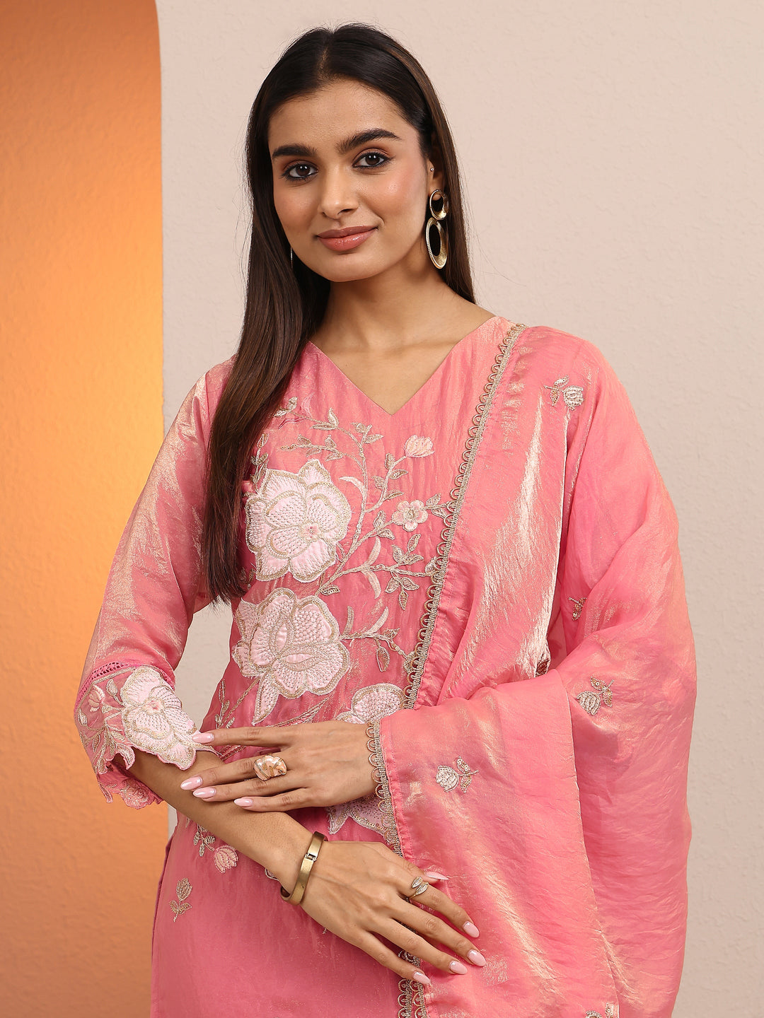 Libas Art Peach Embroidered Organza Anarkali Suit Set With Dupatta