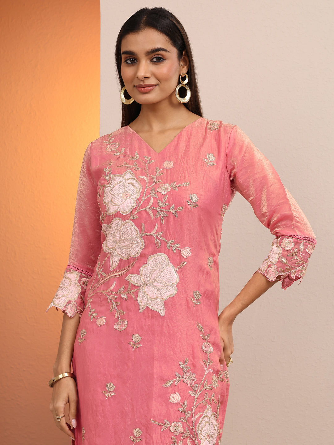 Libas Art Peach Embroidered Organza Anarkali Suit Set With Dupatta