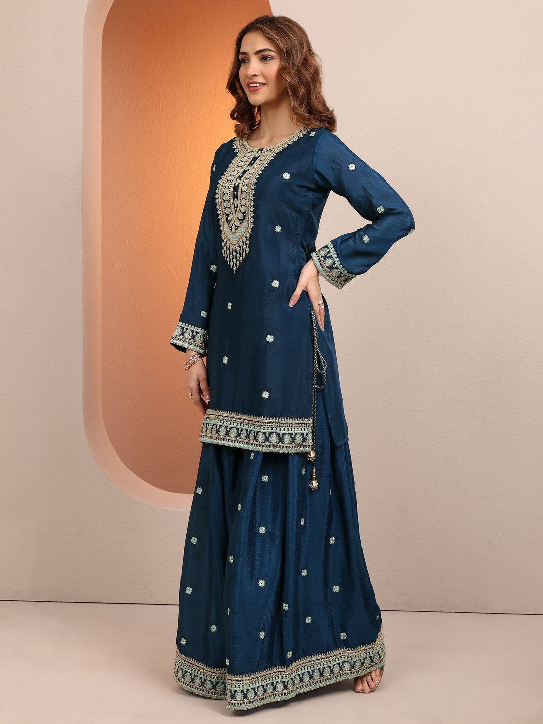 Blue Embroidered Chinon Straight Suit Set With Dupatta