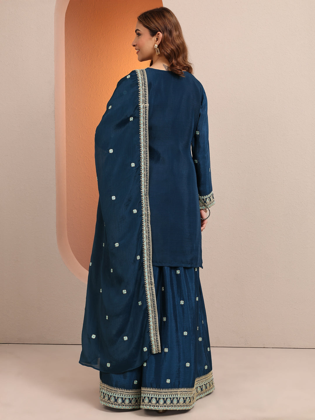 Blue Embroidered Chinon Straight Suit Set With Dupatta