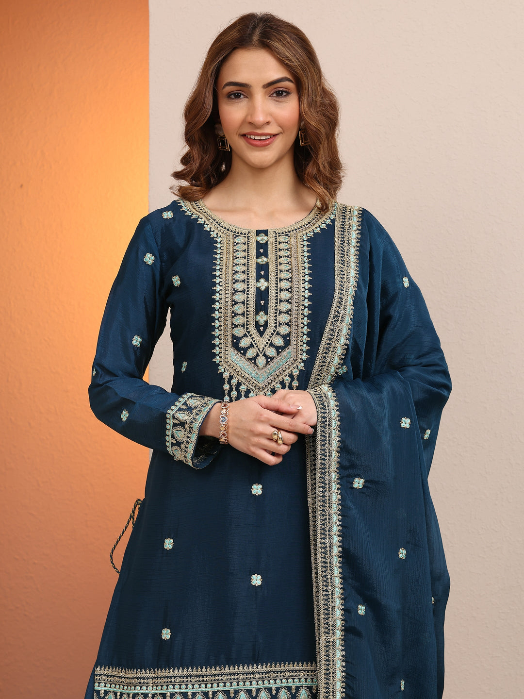 Blue Embroidered Chinon Straight Suit Set With Dupatta