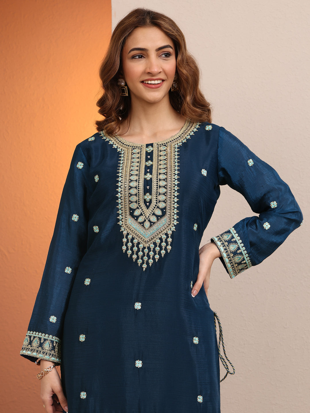 Blue Embroidered Chinon Straight Suit Set With Dupatta