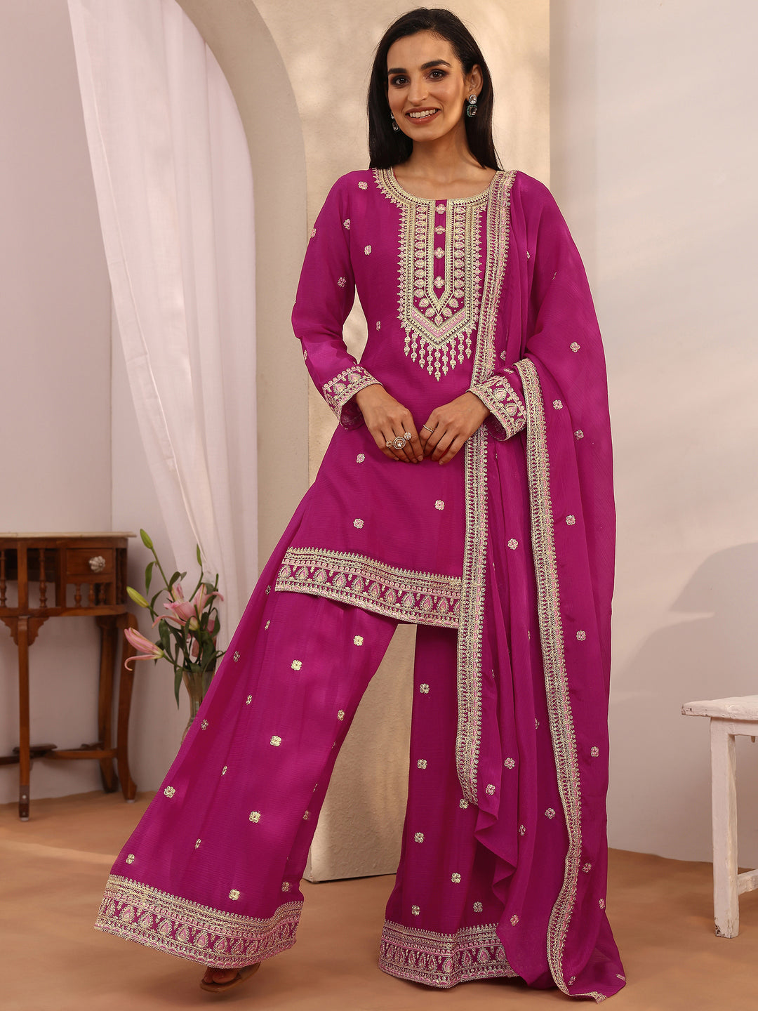 Pink Embroidered Chinon Straight Suit Set With Dupatta