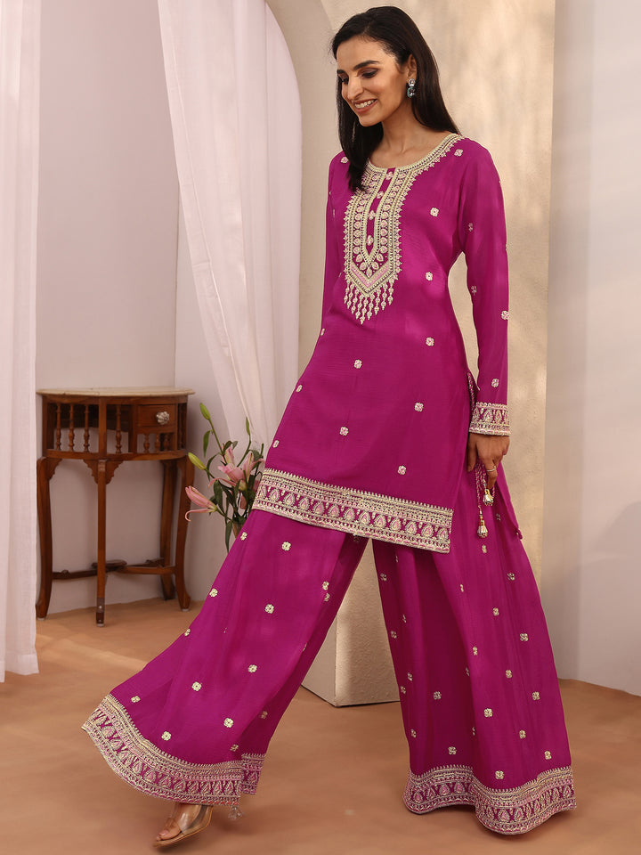 Pink Embroidered Chinon Straight Suit Set With Dupatta