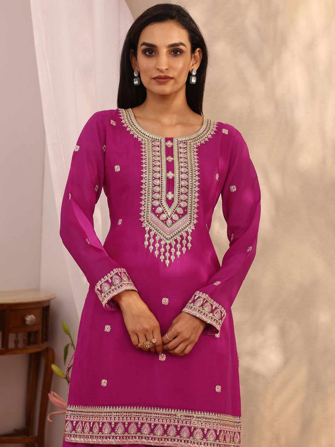 Pink Embroidered Chinon Straight Suit Set With Dupatta