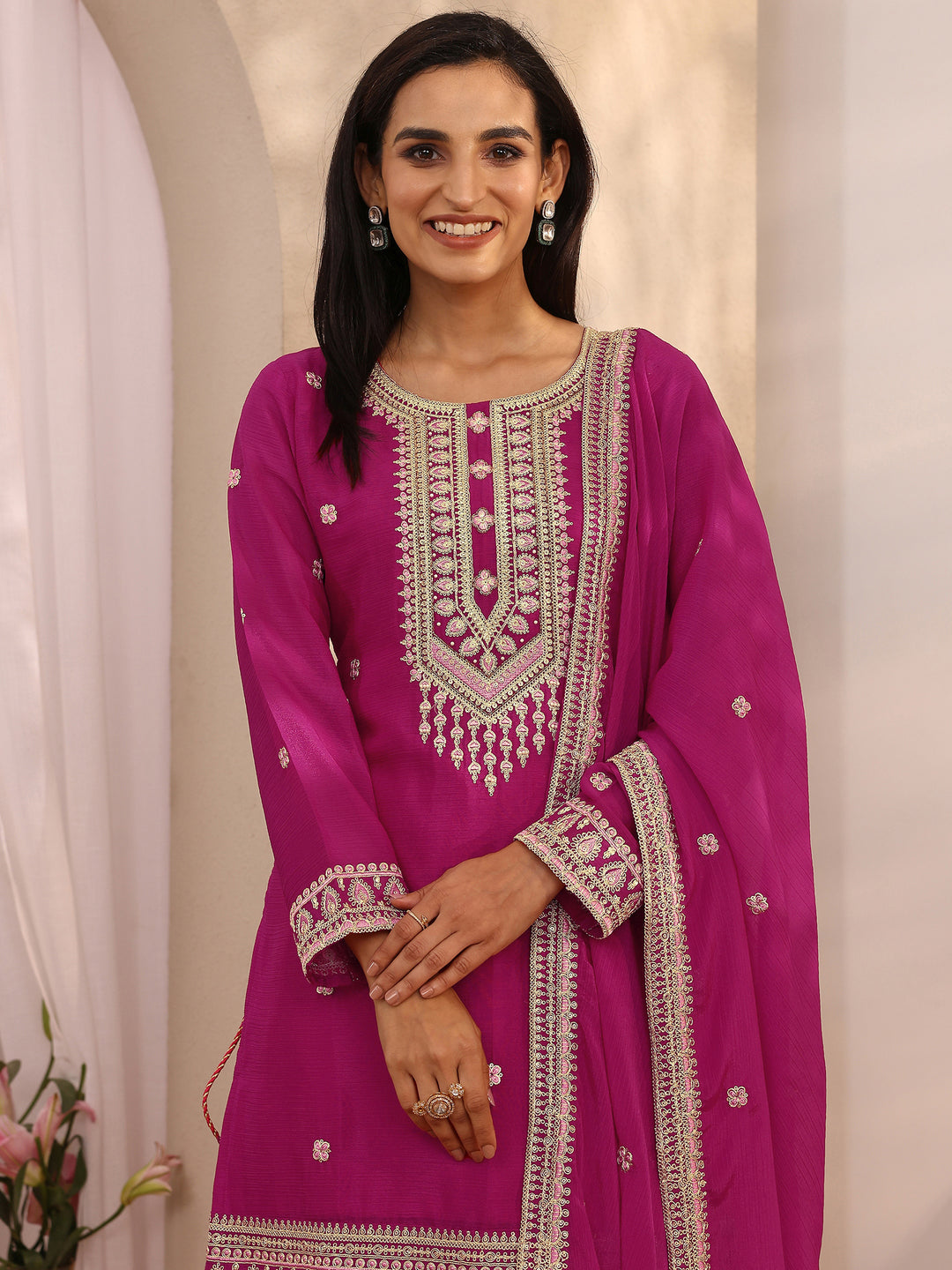 Pink Embroidered Chinon Straight Suit Set With Dupatta