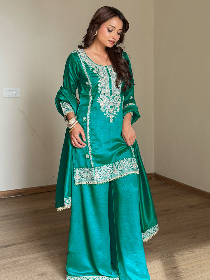 Libas Art Blue Embroidered Organza Straight Suit Set With Dupatta