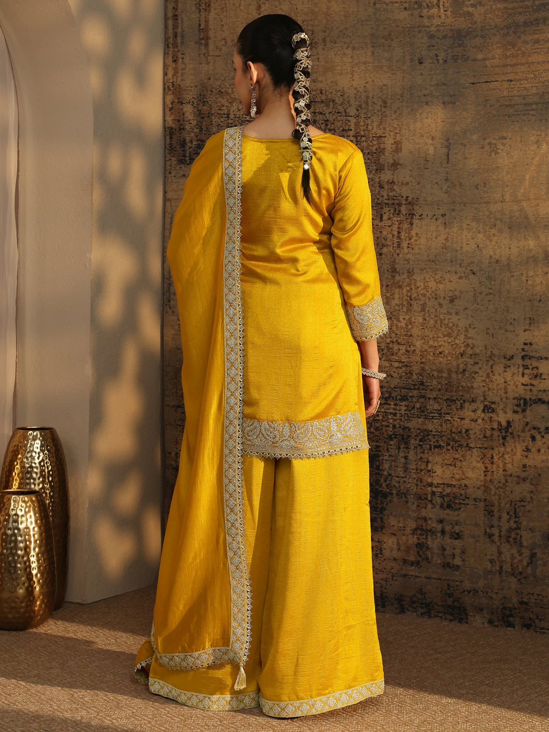 Libas Art Mustard Embroidered Organza Straight Suit Set With Dupatta