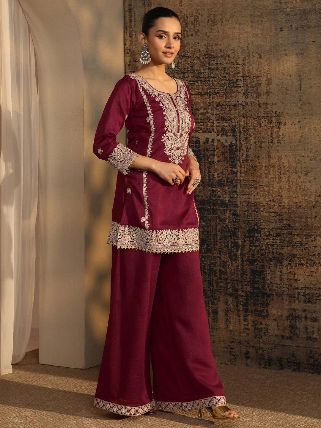 Libas Art Maroon Embroidered Organza Straight Suit Set With Dupatta