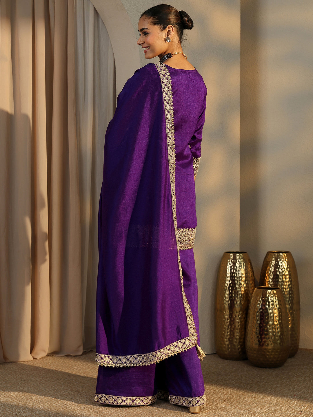 Libas Art Purple Embroidered Organza Straight Suit Set With Dupatta