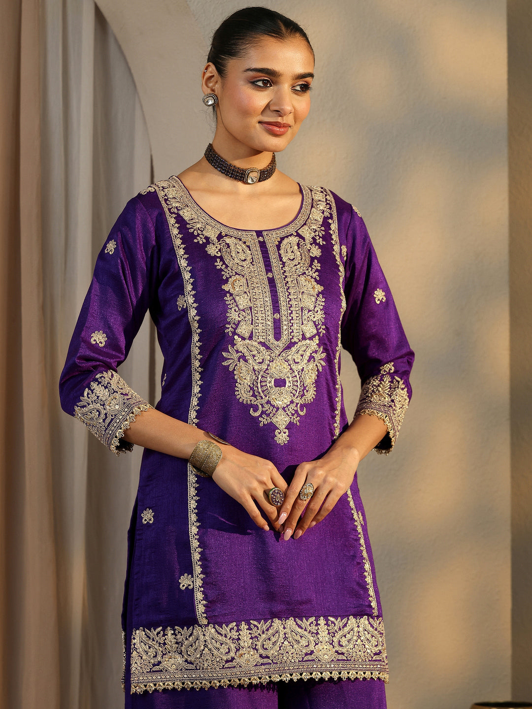 Libas Art Purple Embroidered Organza Straight Suit Set With Dupatta