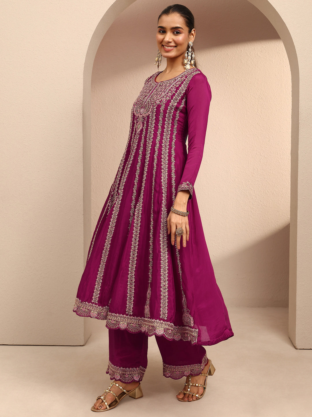 Libas Art Pink Embroidered Chinon Anarkali Suit Set With Dupatta