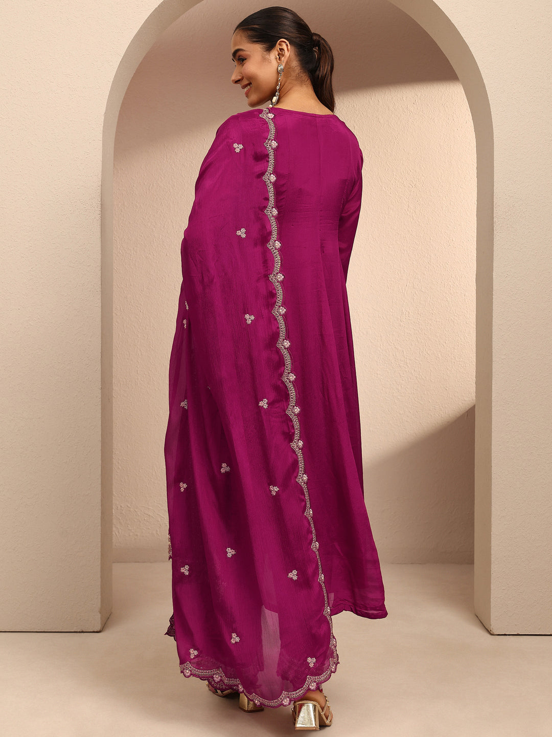 Libas Art Pink Embroidered Chinon Anarkali Suit Set With Dupatta