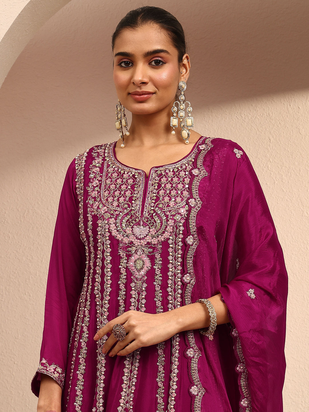 Libas Art Pink Embroidered Chinon Anarkali Suit Set With Dupatta