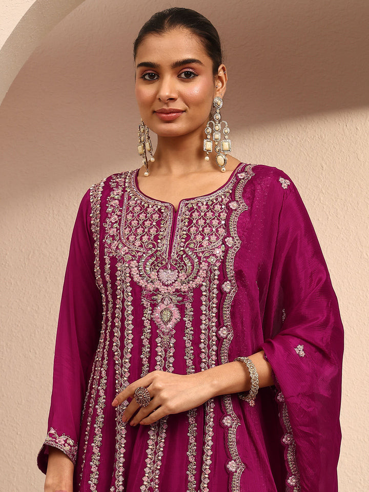 Libas Art Pink Embroidered Chinon Anarkali Suit Set With Dupatta