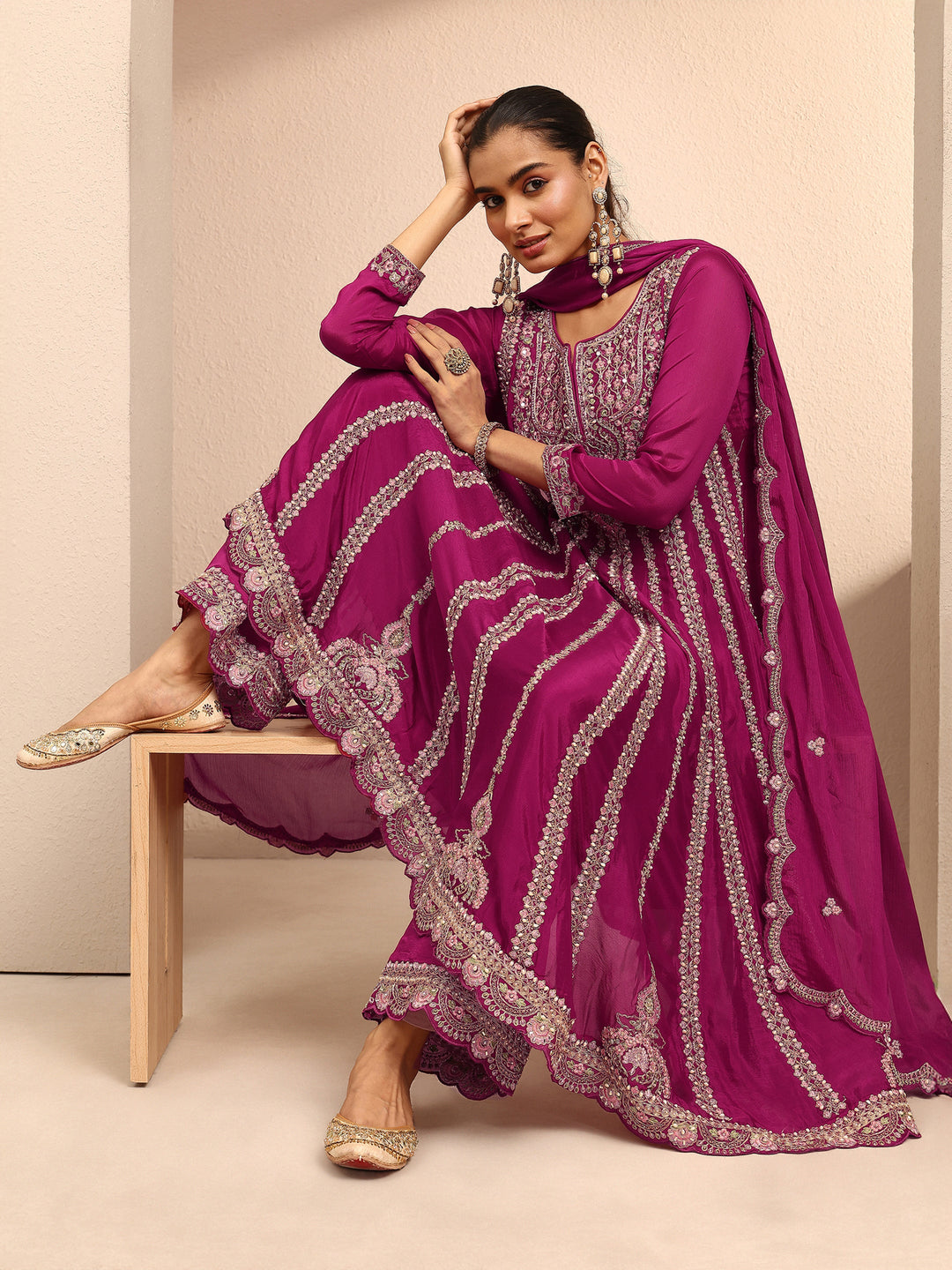 Libas Art Pink Embroidered Chinon Anarkali Suit Set With Dupatta