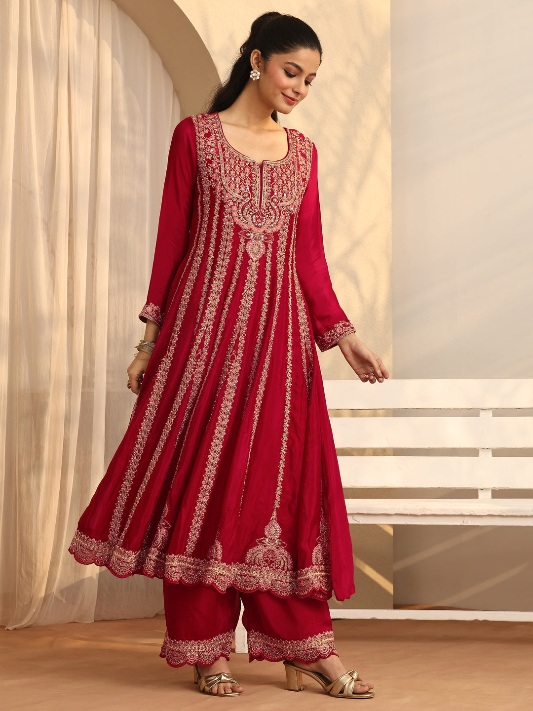 Libas Art Red Embroidered Chinon Anarkali Suit Set With Dupatta