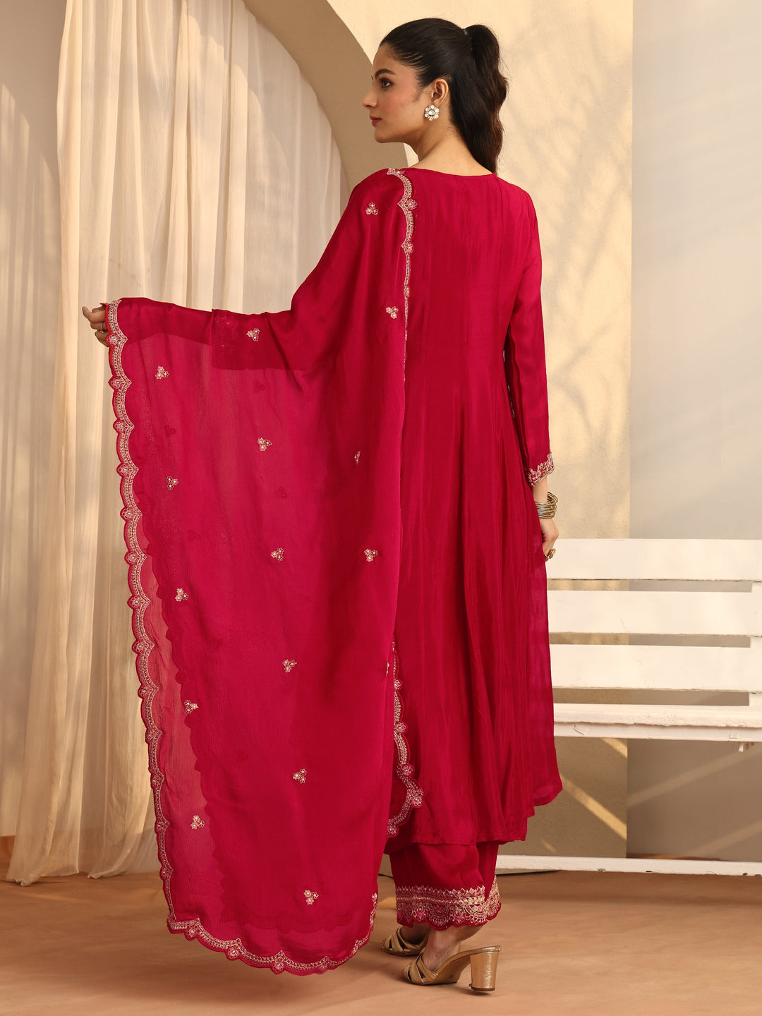 Libas Art Red Embroidered Chinon Anarkali Suit Set With Dupatta