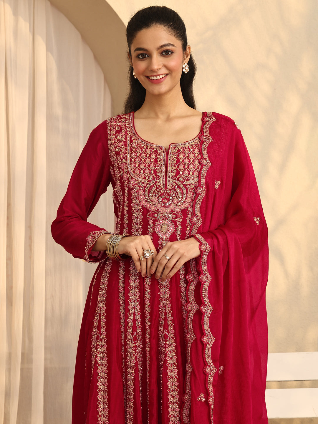 Libas Art Red Embroidered Chinon Anarkali Suit Set With Dupatta