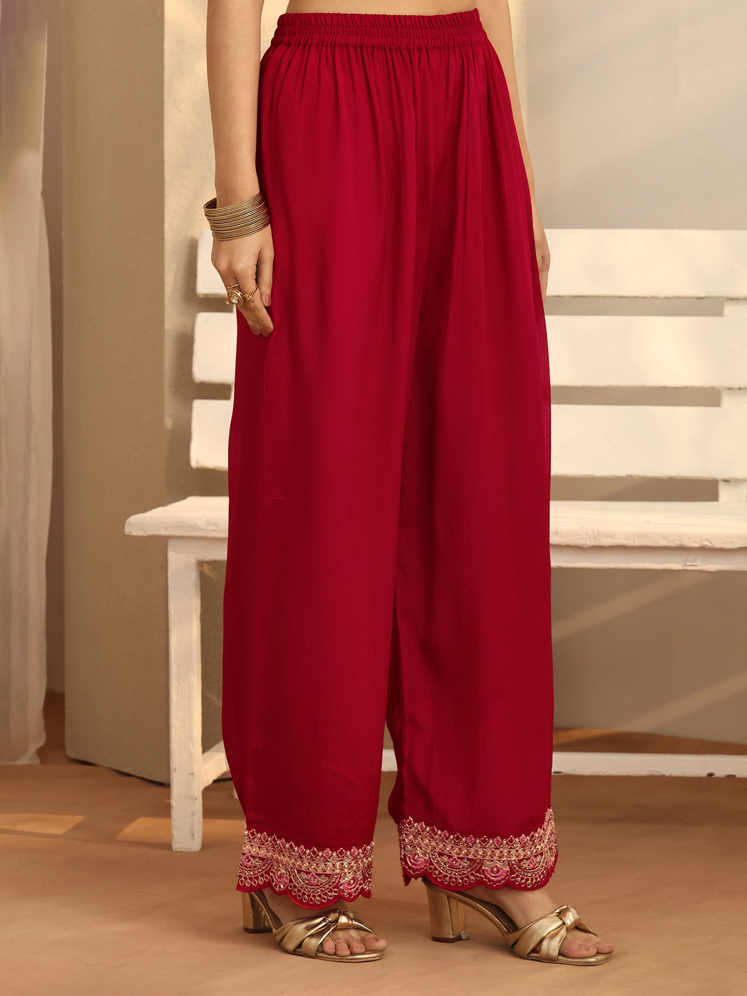 Libas Art Red Embroidered Chinon Anarkali Suit Set With Dupatta