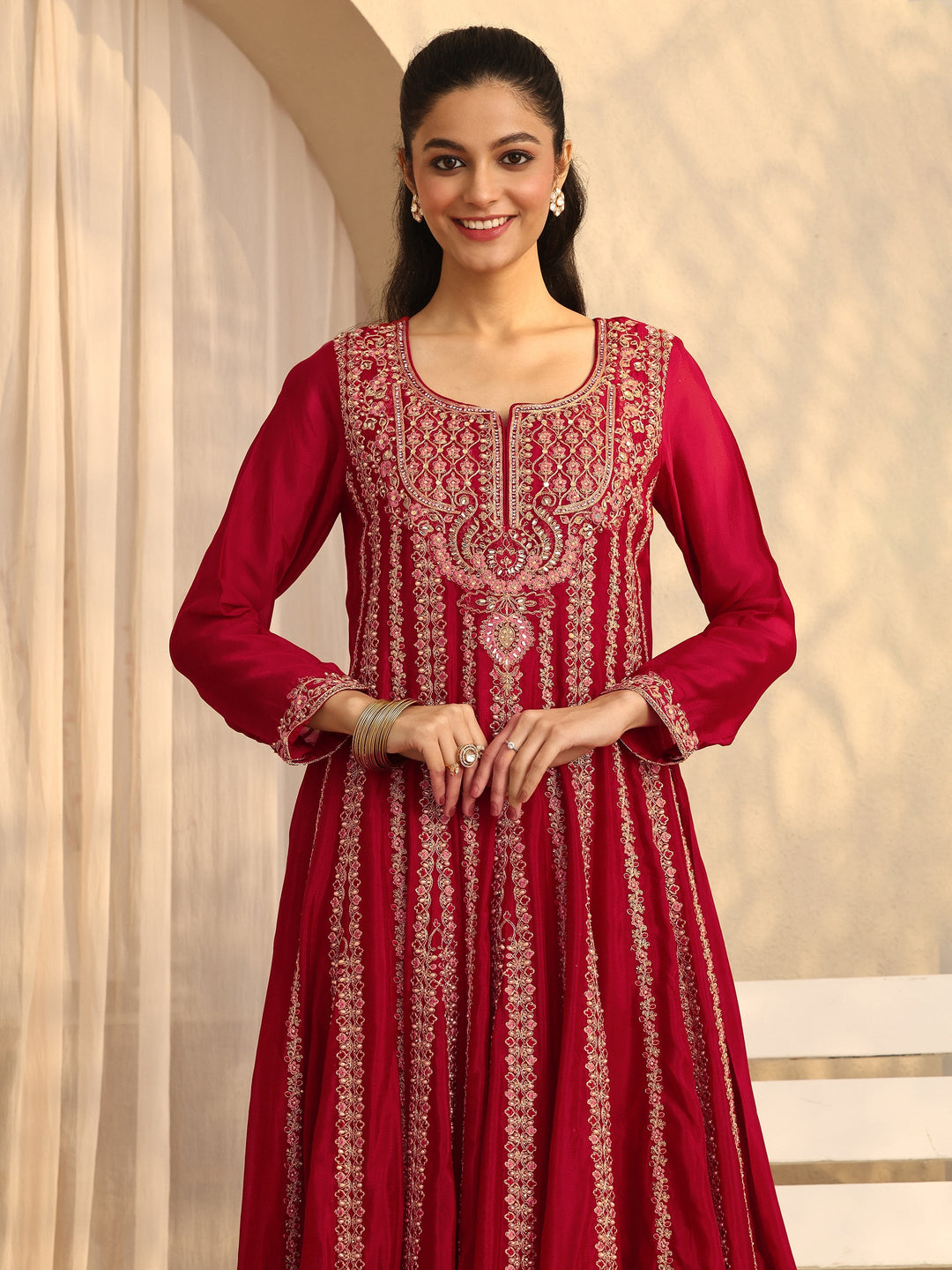 Libas Art Red Embroidered Chinon Anarkali Suit Set With Dupatta