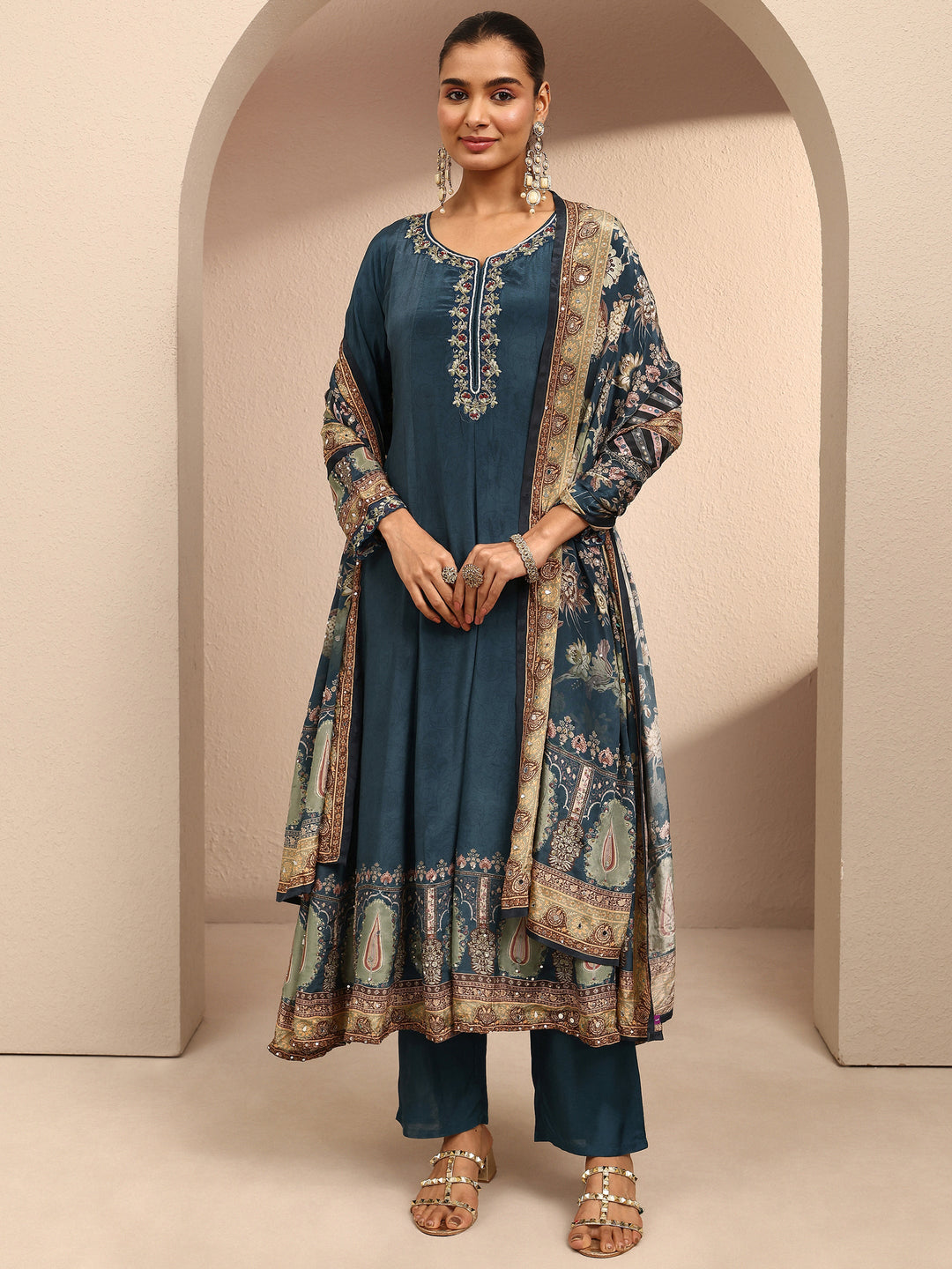 Libas Art Teal Embroidered Crepe Anarkali Suit Set With Dupatta