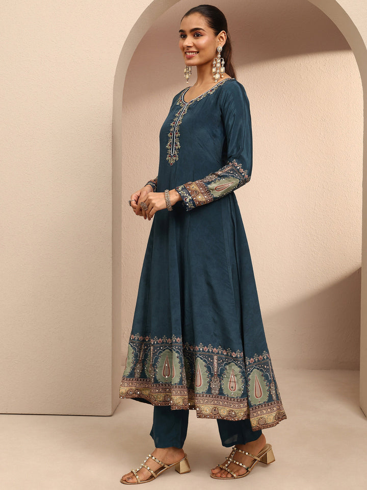 Libas Art Teal Embroidered Crepe Anarkali Suit Set With Dupatta