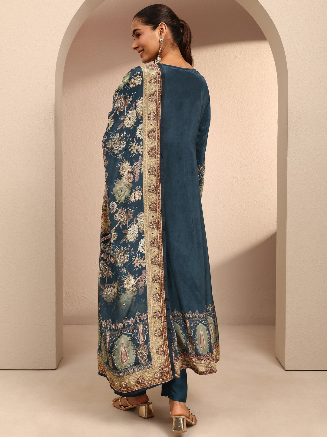 Libas Art Teal Embroidered Crepe Anarkali Suit Set With Dupatta