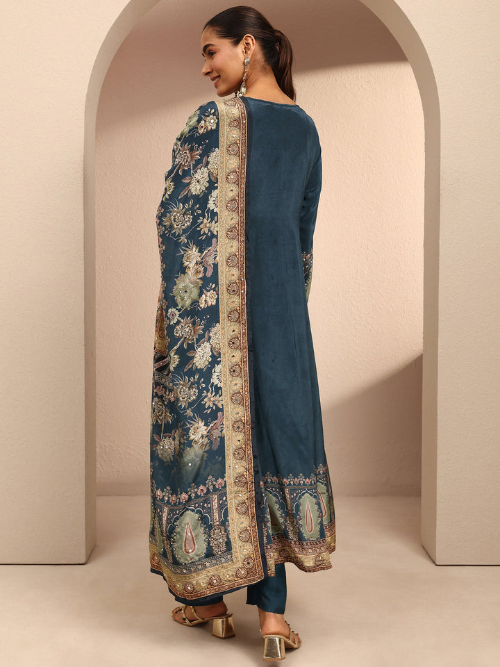 Libas Art Teal Embroidered Crepe Anarkali Suit Set With Dupatta