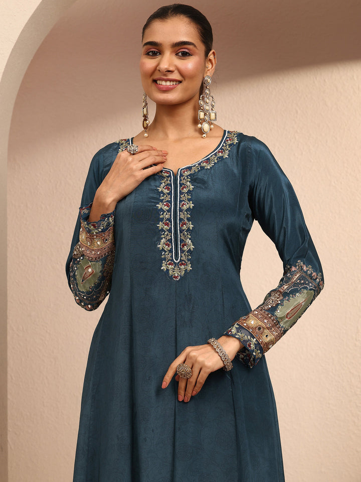 Libas Art Teal Embroidered Crepe Anarkali Suit Set With Dupatta