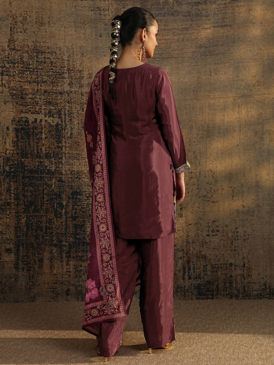 Libas Art Maroon Embroidered Crepe Straight Suit Set With Dupatta