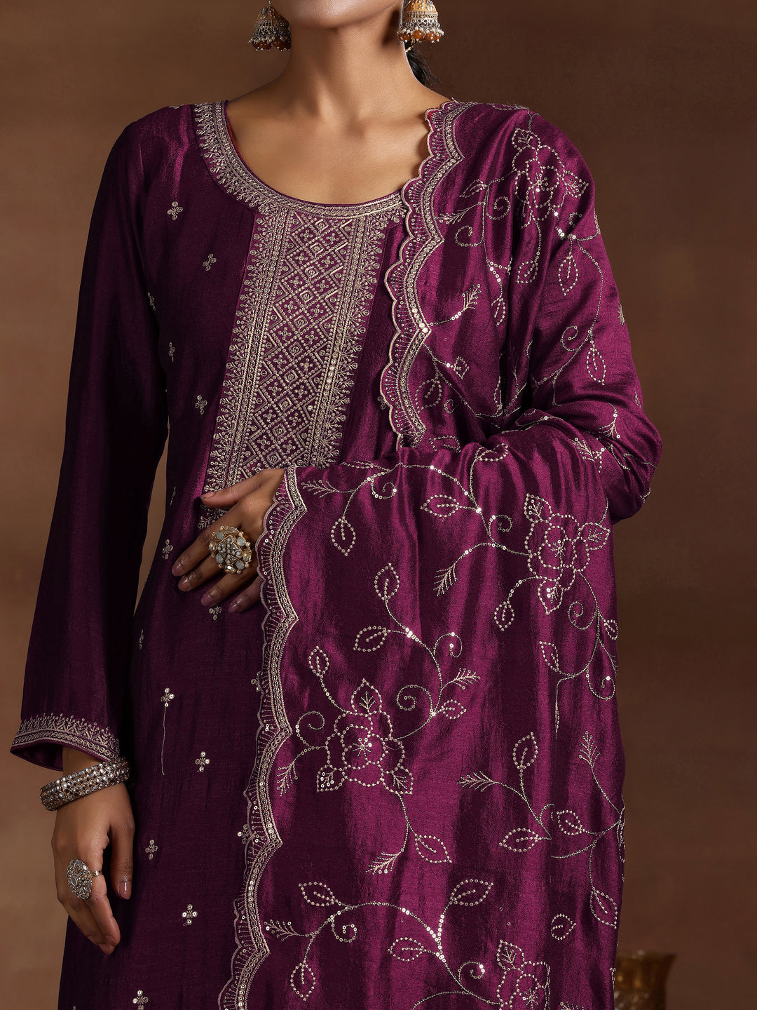 Wine Embroidered Silk Blend Straight Suit With Dupatta