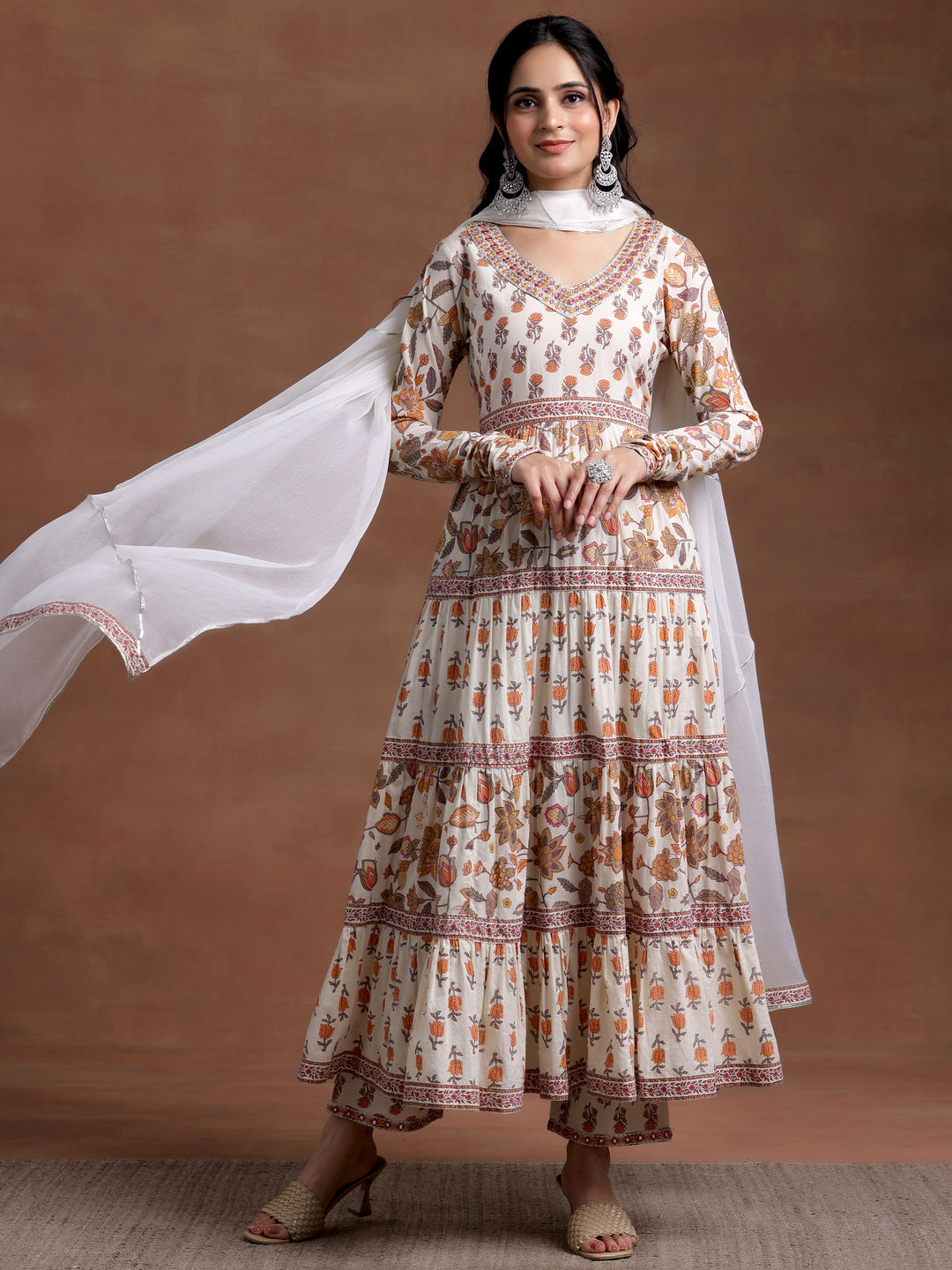 Off White Printed Cotton A-Line Kurta With Palazzos & Dupatta
