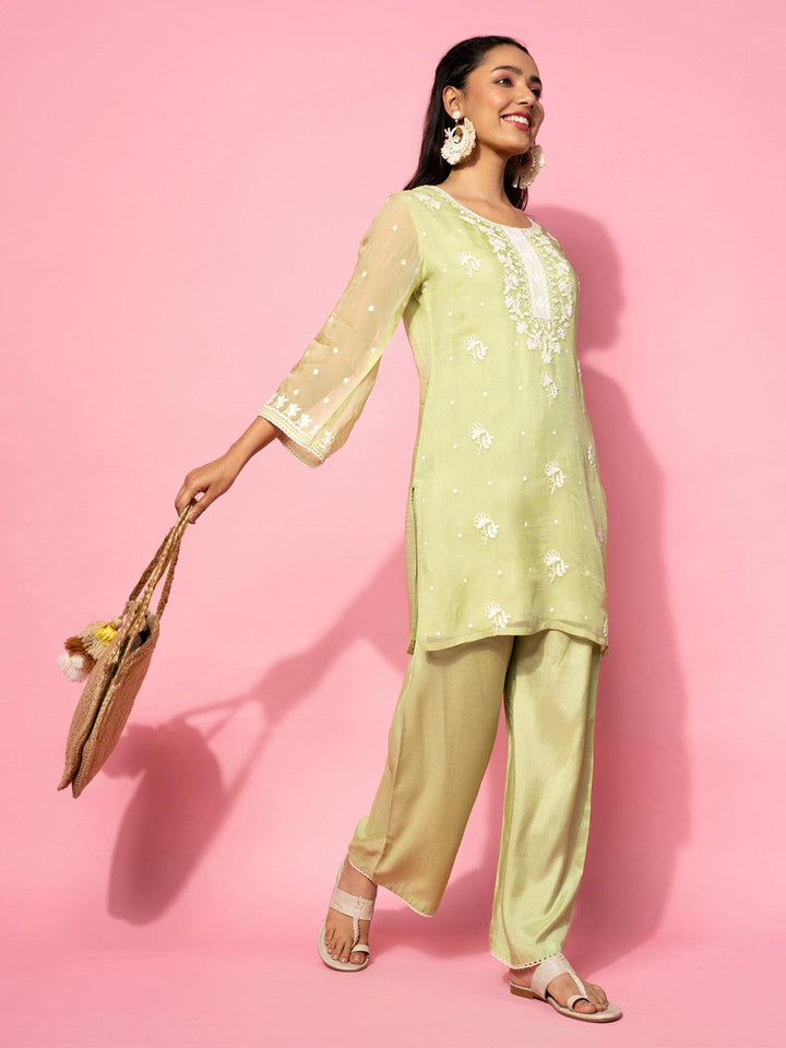 Green Embroidered Silk Blend Co-Ords