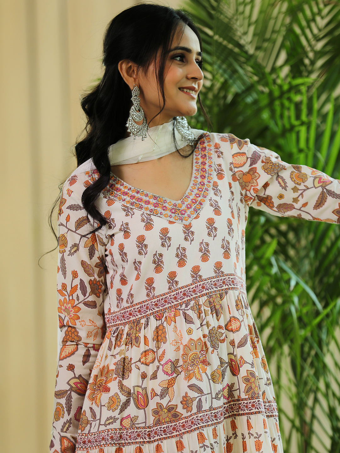 Off White Printed Cotton A-Line Kurta With Palazzos & Dupatta